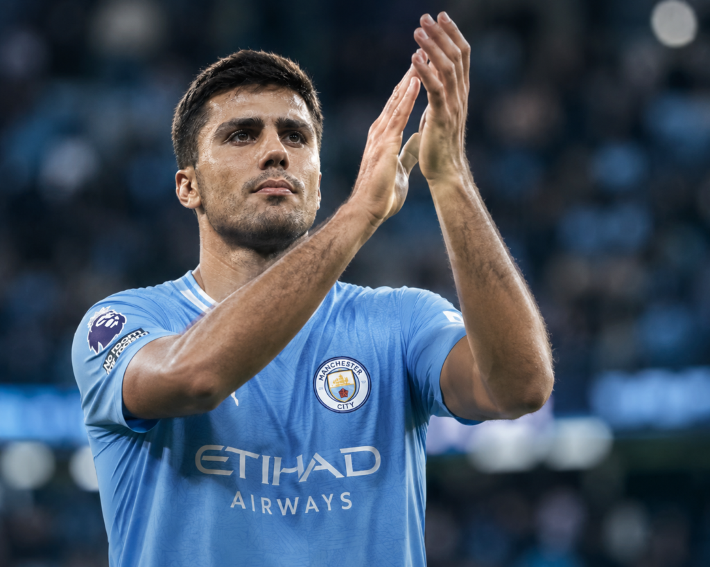 Rodri applauds supporters during a Manchester City match.