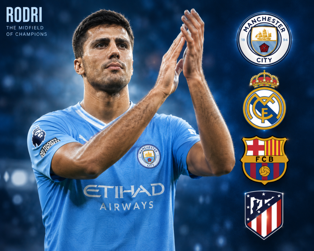 Rodri with the logos of Manchester City, Real Madrid, Barcelona and Atlético Madrid.
