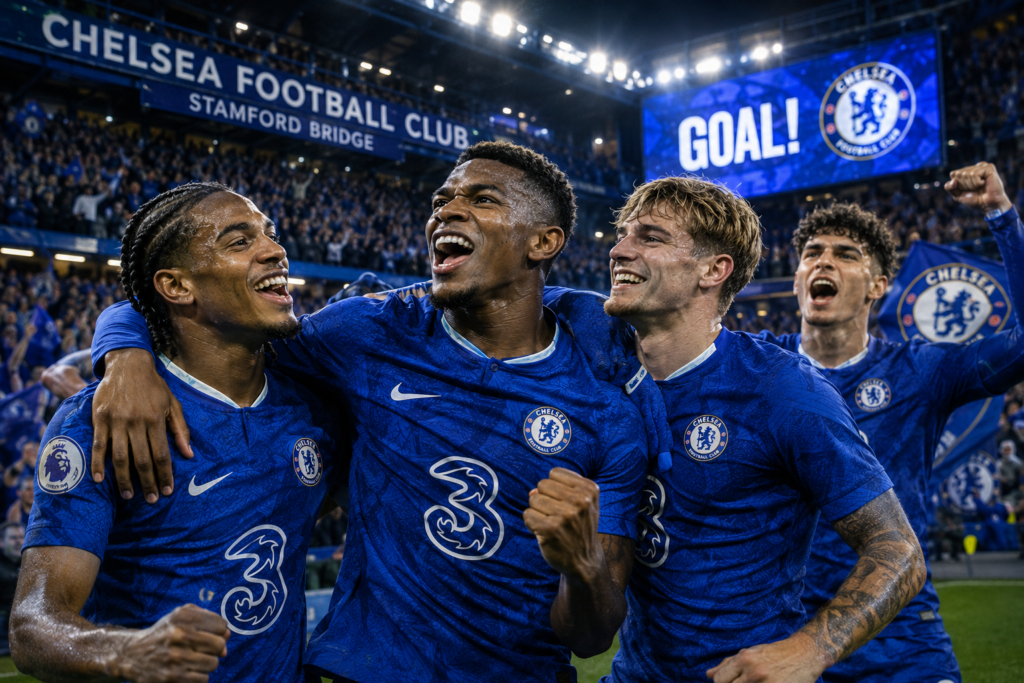 Chelsea players celebrating at Stamford Bridge during the 2026 season.