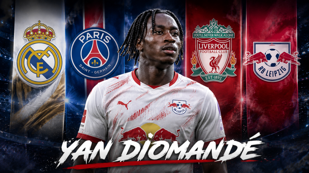 Yan Diomandé with Real Madrid, PSG, Liverpool and RB Leipzig club crests.