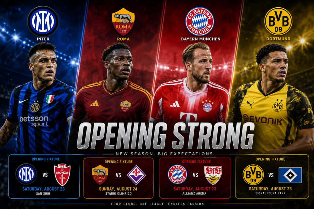 Inter Milan, Roma, Bayern Munich, and Borussia Dortmund prepare for their opening league matches.