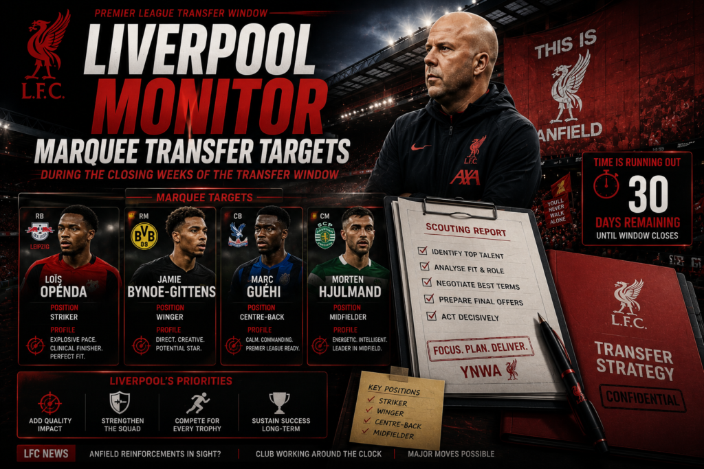 Liverpool monitor marquee transfer targets during the closing weeks of the Premier League transfer window.