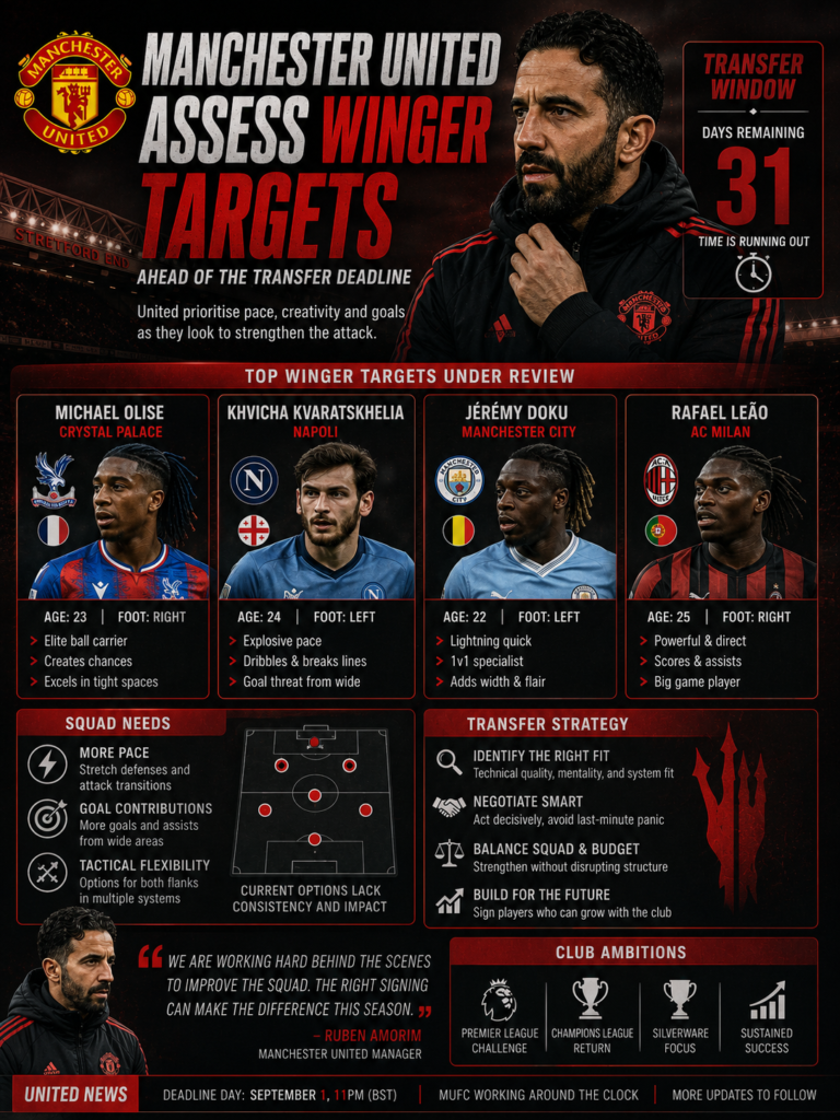 Manchester United assess winger targets ahead of the transfer deadline.