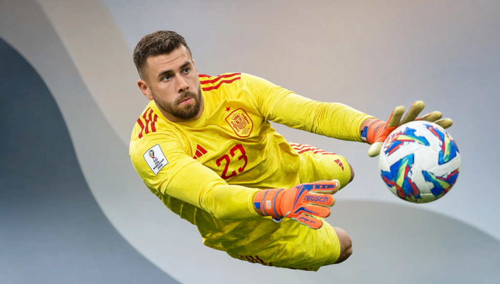 Unai Simón making a save during the FIFA World Cup 2026.